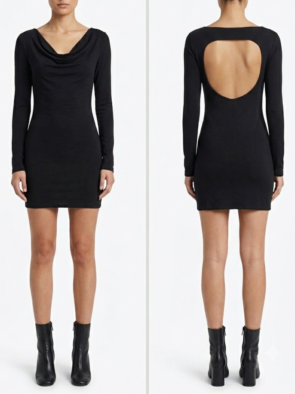 Vintage Pierre Balmain Black Long Sleeve Cowl Neck Cutout Back Mini Dress 42